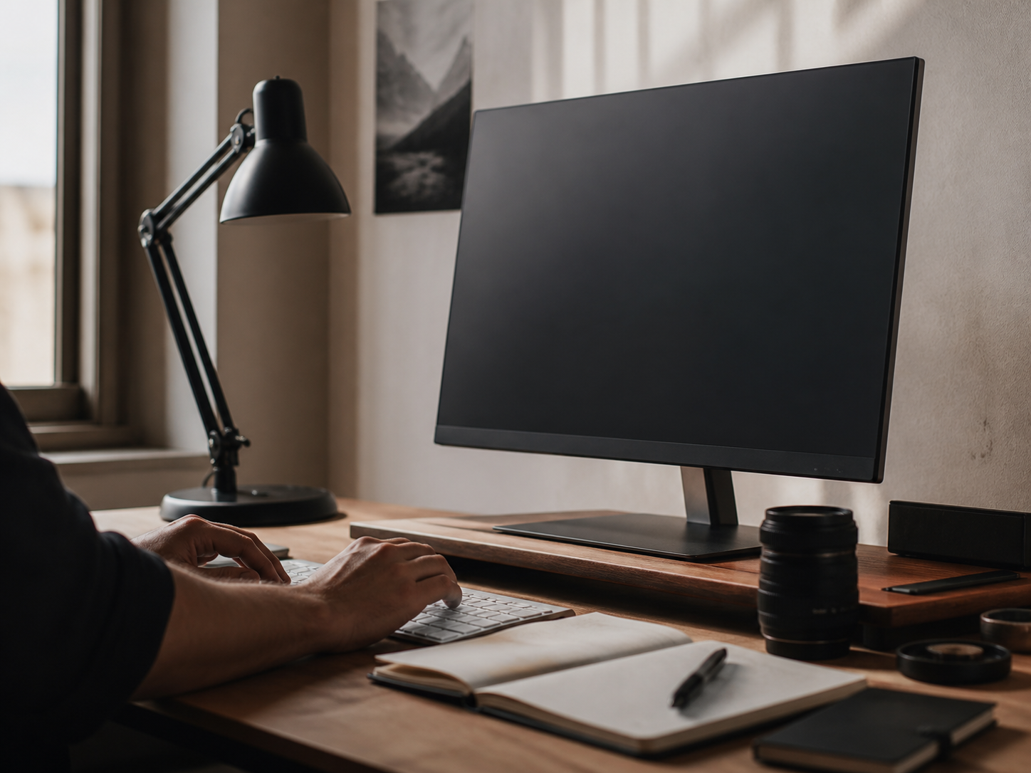 Designer working at a desk with a monitor, task lamp, notebook, and camera lens