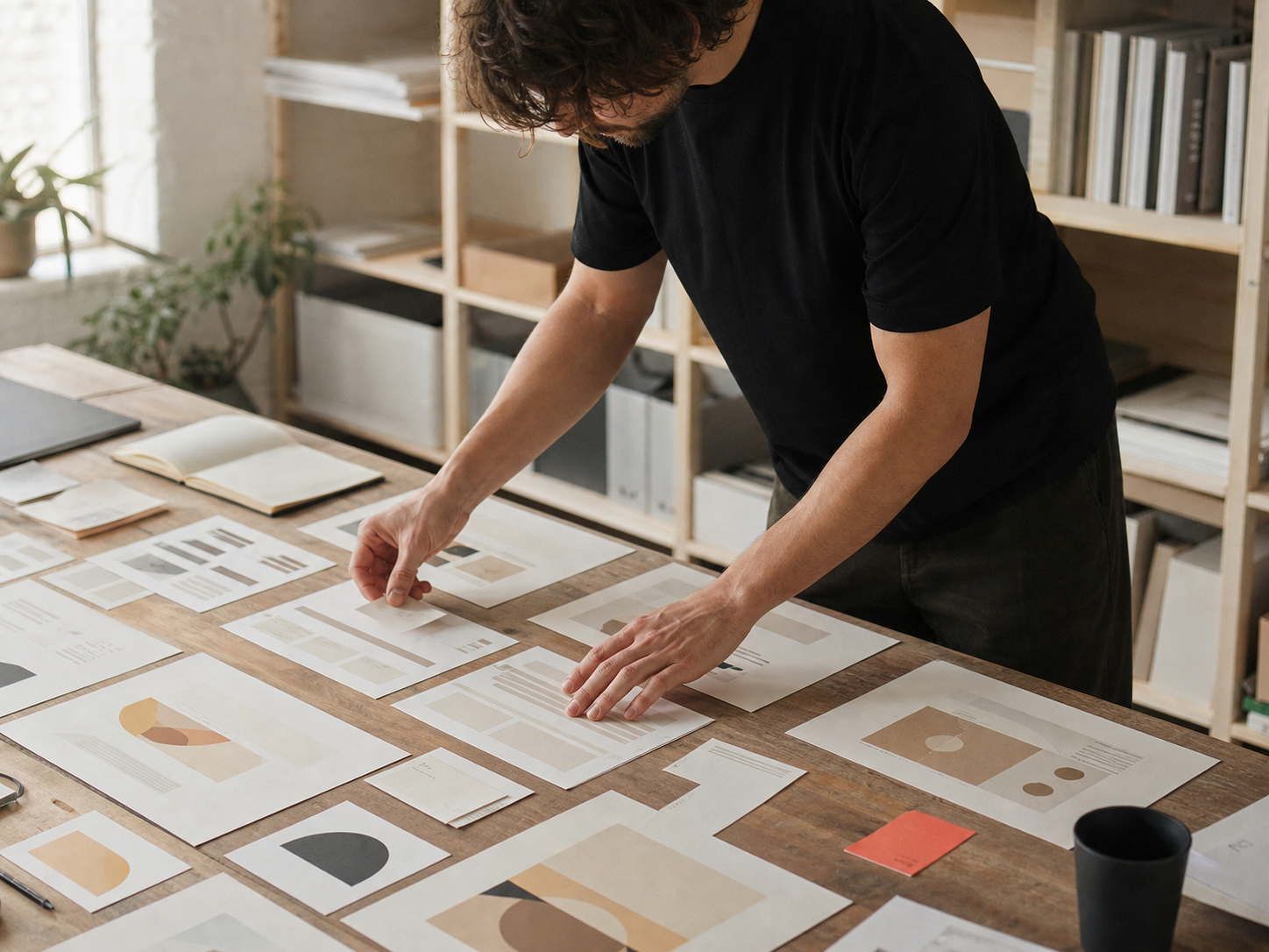 Designer arranging printed website wireframes across a large worktable