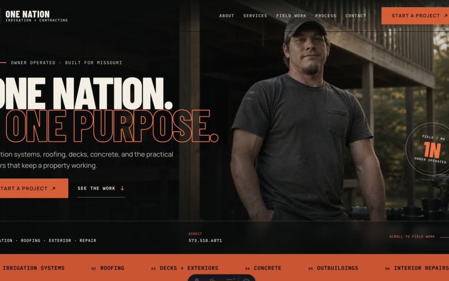 One Nation website homepage in a black, orange, and white visual system