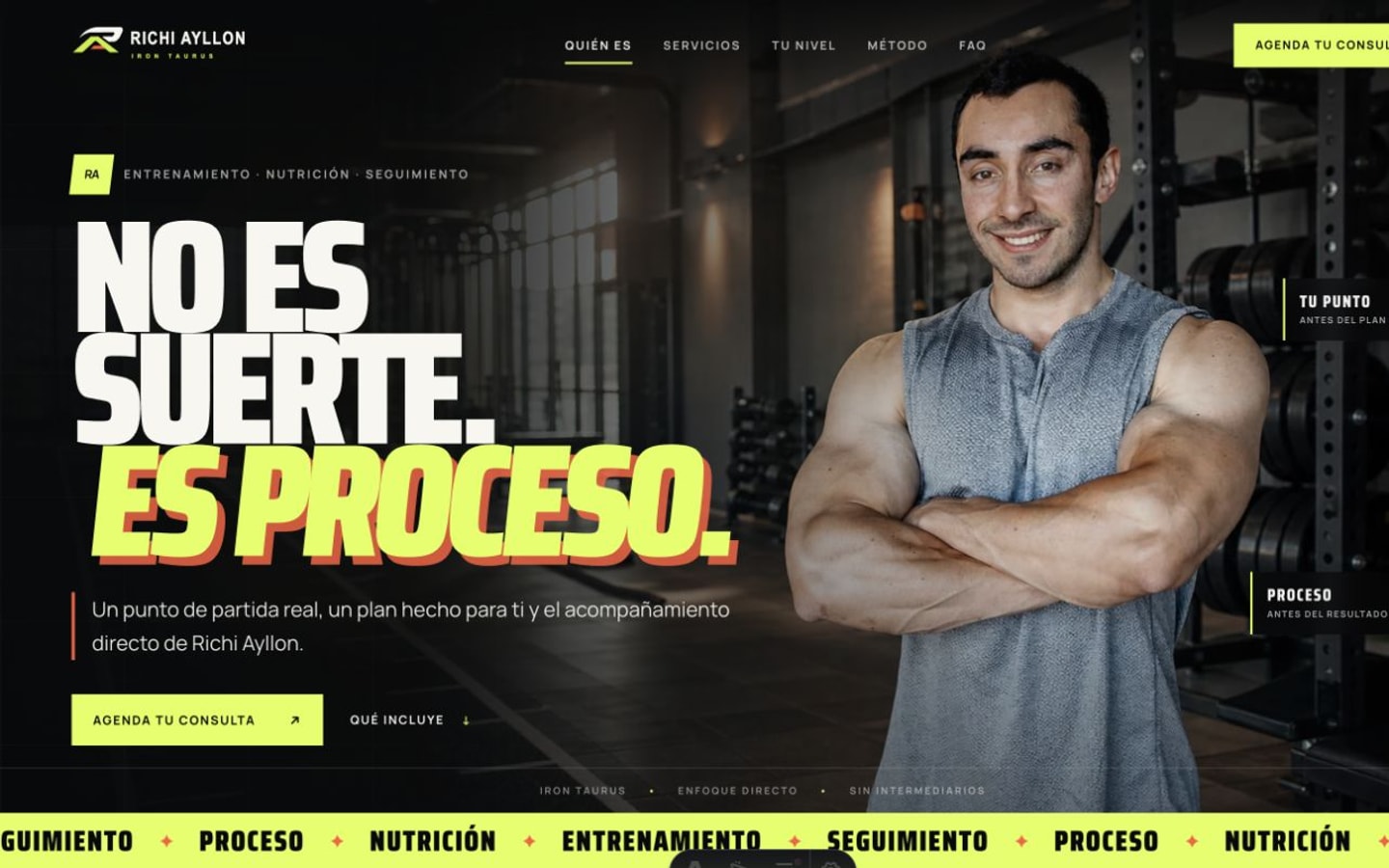 Richi Ayllon website homepage in a black, neon yellow, and white visual system